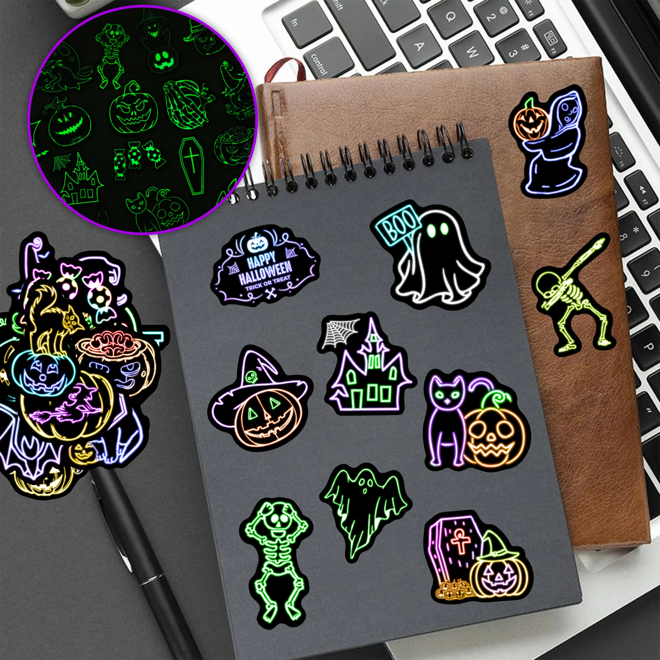 52 قطعة من ملصقات النيون للهالوين المتوهجة في الظلام، شارات كمبيوتر محمول من الفينيل المقاوم للماء للمراهقين والبنات والأولاد والطلاب في الفصول الدراسية #5