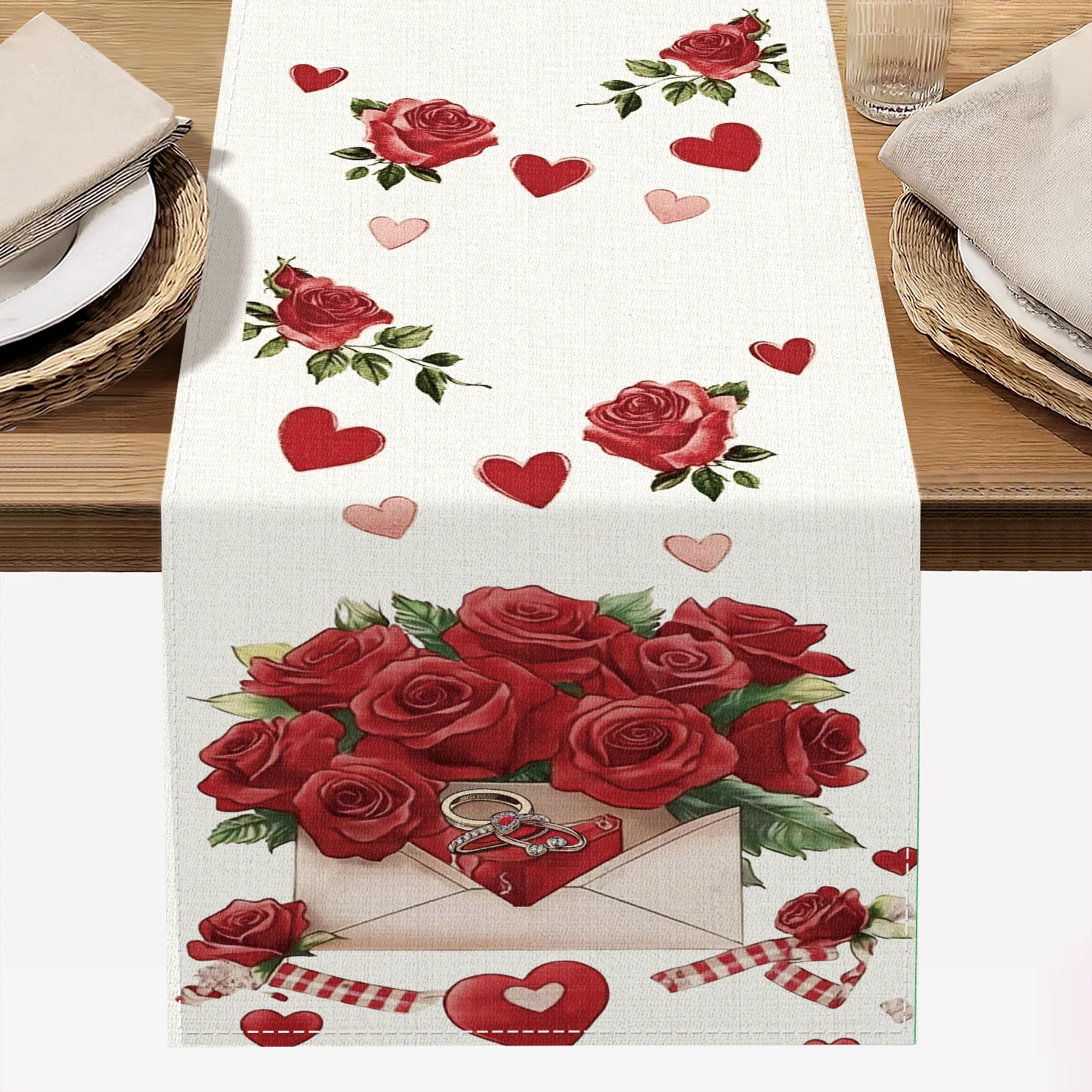 1 Stück, herzförmiger Antragsumschlag mit roten Rosen, romantischer Tischläufer, Geschenk für die Freundin, geeignet für Hochzeiten, Küchen, Esstische und Familientreffen, Feiertags- und
