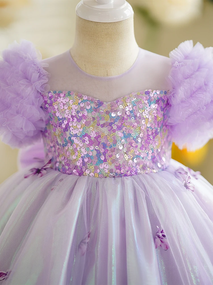 Childrens Dress Purple Butterfly Princess Dress Little Girls Birthday Stylish Fluffy Skirt Sequin Dress for Girl Childrens Dress