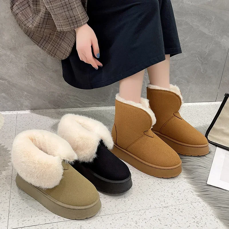 

2024 Winter New Women's Plush Snow Boots Outdoors Baotou Slip-on Loafers Woman Faux Fur Flat Casual Warm Comfy Shoes Women