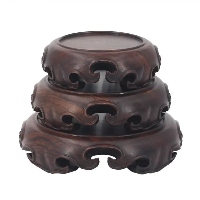 7.5-11.5cm Diameter Ebony Carved Solid wood base wooden mahogany circular ornaments stone stones Buddha statues incense vases