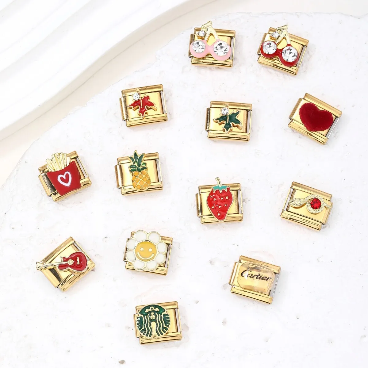 Cereza, fresa, hoja de arce, patatas fritas y otros elementos, módulo italiano, accesorios de pulsera de acero inoxidable DIY