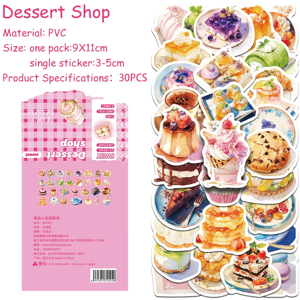 

30pcs/pack Dessert Shop Sticker Pack Decals For Phone Laptop Suitcase Scrapbook Bottle DIY Aesthetic Stickers Creative Gifts