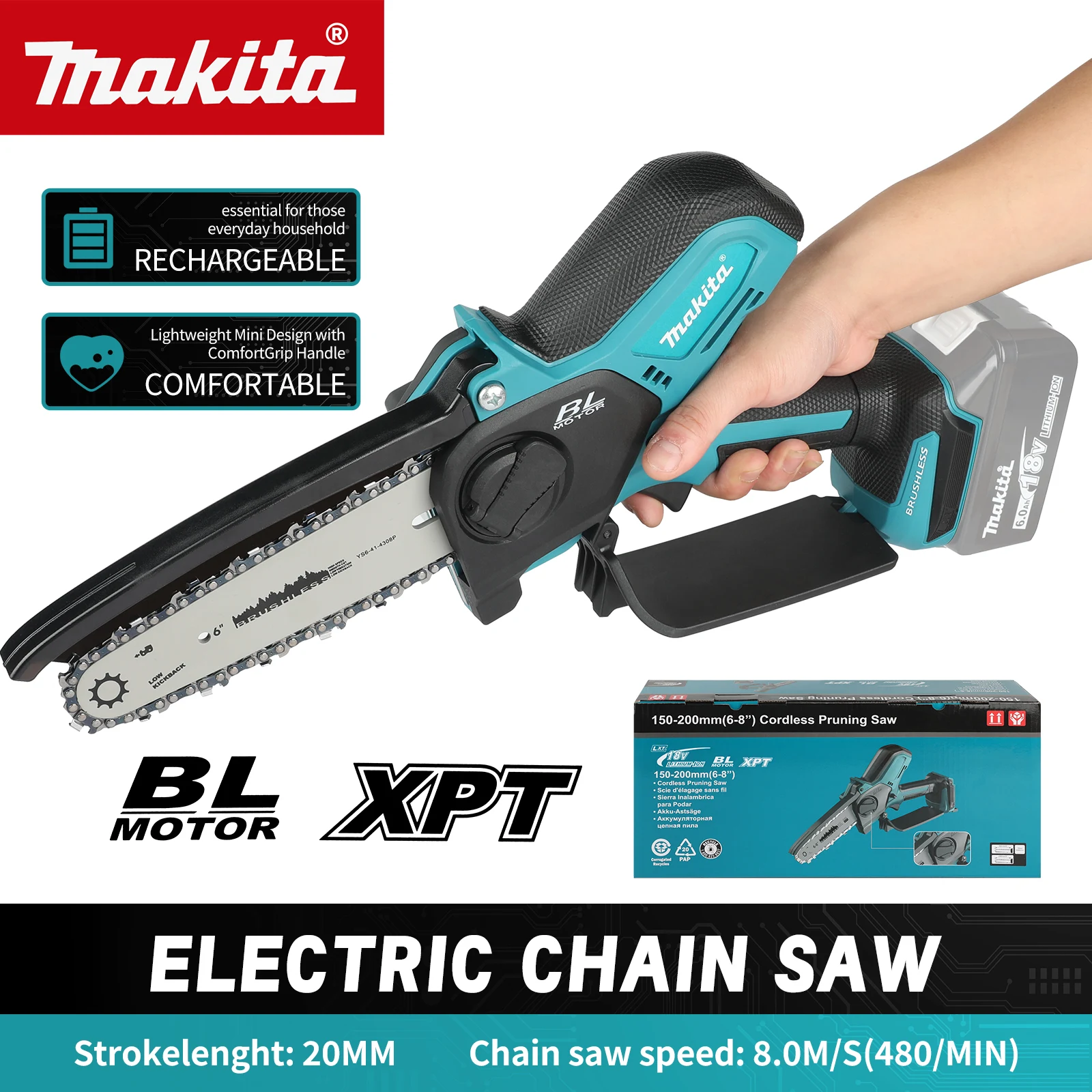 Makita 18V Cordless Chainsaw for Woodworking with Small Handheld Electric 6-inch Logging Sawzall Mini Portable Chainsaw