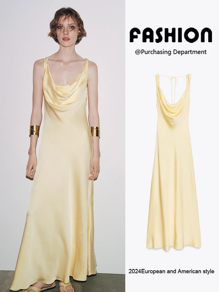

Summer 2025 New Women's Long Silk Satin Dr Versatile High Waist Gown for Banquet Ele Simple Color Pure High Quali Fa...