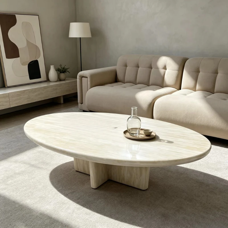 Light luxury white travertine oval coffee table modern minimalist style, suitable for hotel living rooms, villas