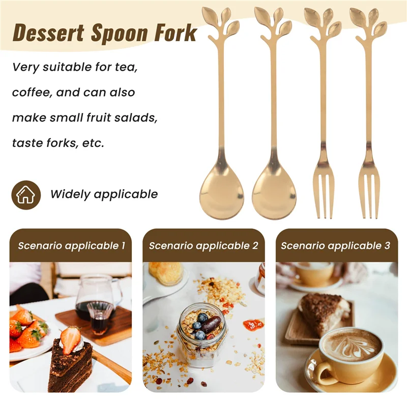 ABHG-Dessert Spoon Fork Set,20 Pcs 4.7 Inch Cake Fork,Coffee Spoon,Creative Leaf Fruit Fork,(10 Spoon + 10 Fork)