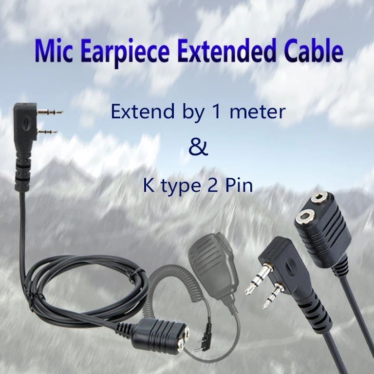 Hand Speaker Extension Cord Ktype 2Pin Mobile Radio Headset Mic line for Walkie Talkie BaoFeng UV5R BF888s Kenwood prolong Cable