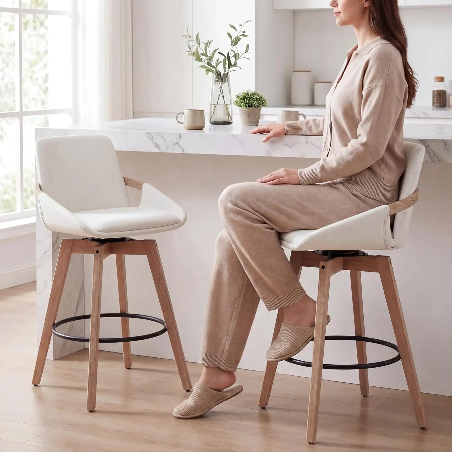 Natural Wood Swivel Bar Stools 2pcs with Curved Back Arm Linen Upholstered 26 Inch Kitchen Island Chair, Customized
