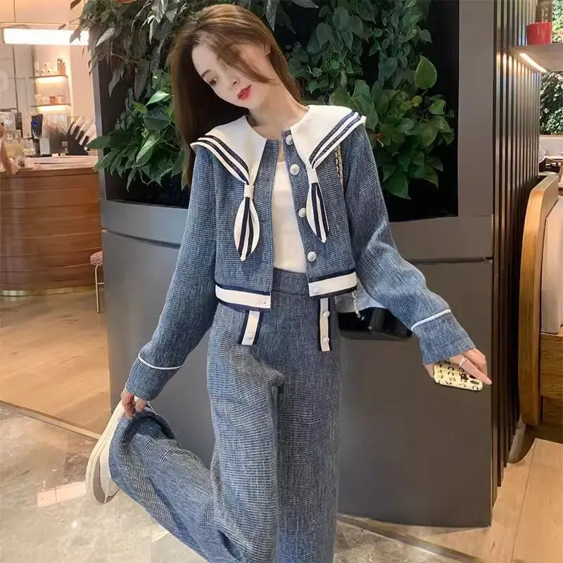 Spring Fashion Elegant Peter Pan Collar Coat Chic Vintage Women Jacket Top High Waist Long Pants New Two Pieces Set Tracksuits