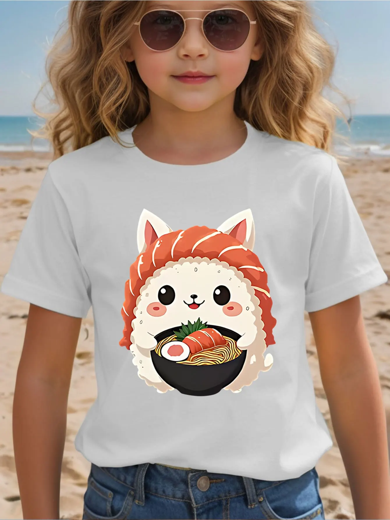 Kawaii Salmon Sushi Kitty Japanese Noodle Print Kids T Shirt Boys Girls Family Matching Parent Child Summer Crew Neck Casual Tee