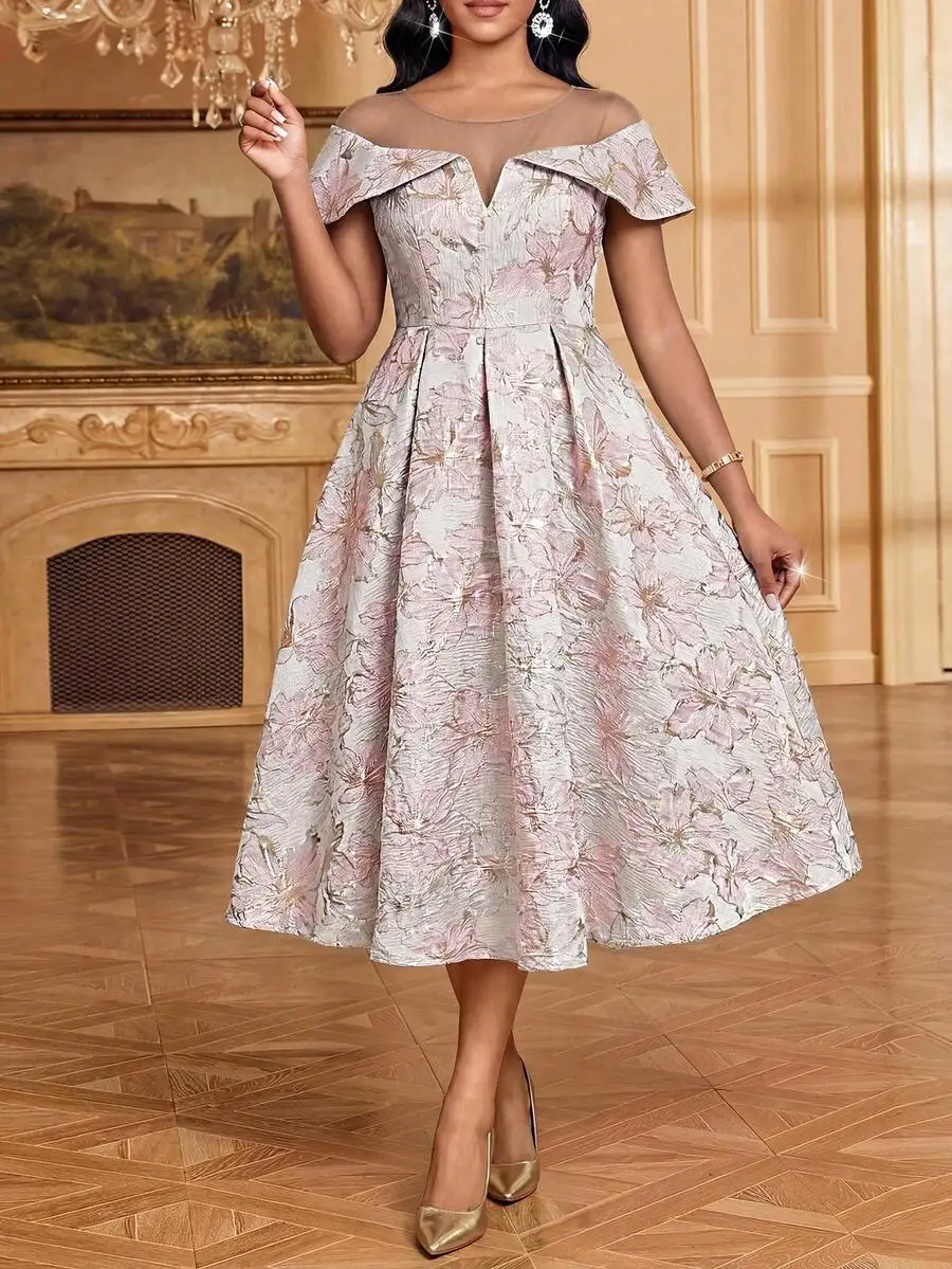 Floral Brocade Jacquard Off-Shoulder V-Neck Pleated A-Line Midi Dress For Garden Wedding Guest Occasion