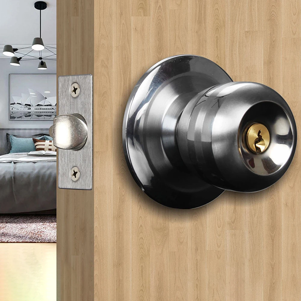 Stainless Steel Round Door Knobs Rotation Lock Knobset Handle Metal Door Knob Lock With Key For Bedrooms Living Rooms Bathrooms