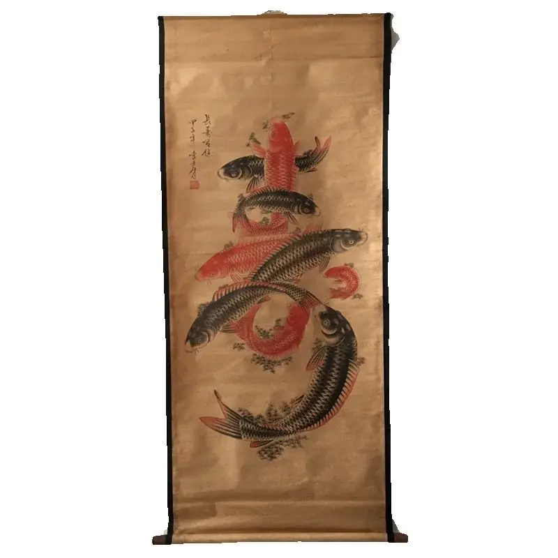 China old Celebrity paintings-Li Fangying's Ink Flower-and-bird painting of Fish longevity chart Scroll Hanging paintings