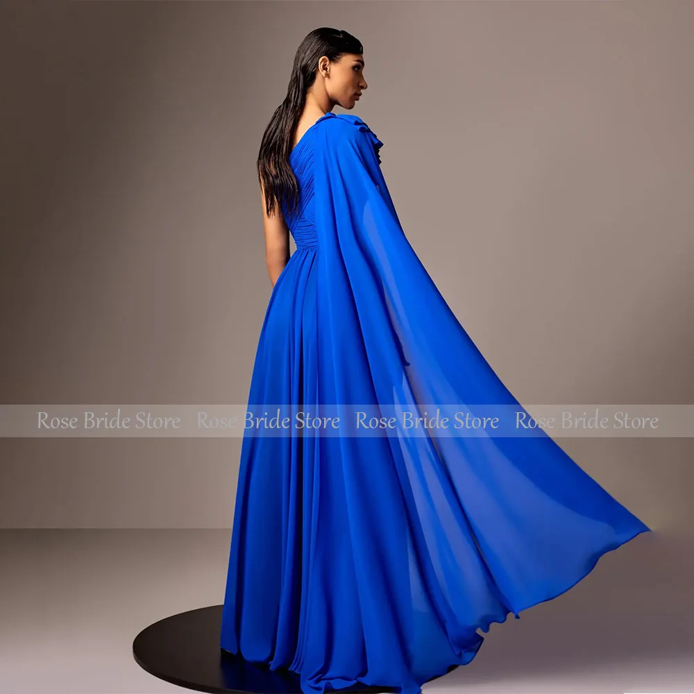 Dark Royal Blue Evening Dresses for Women One Shoulder Ruffle A Line Evening Gowns Long Sleeveless Chiffon Formal Party Dress