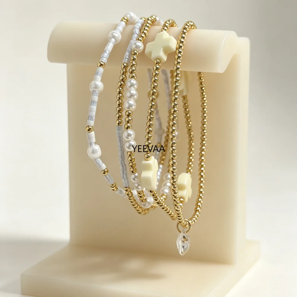 YEEVAA Light Blue Seed Bead Stackable Bracelet Set White Cross Faux Pearl Clear Round Charm Elastic Beaded Bracelets