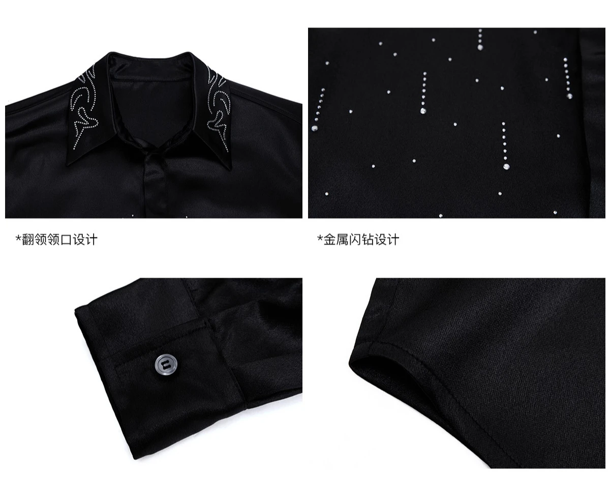 Men's 2025 Autumn New Solid Color Silk Satin Shirts Fine Flash Hot Diamond Shirt Elegant Loose Trendy Versatile Cotton Chic Tops