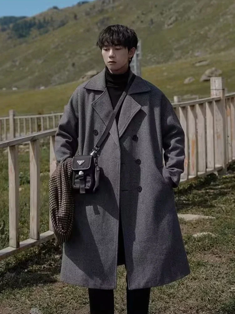 

Длинные смешанные мужские темпераментные корейские стильные шикарные уличные пальто, удобные мешковатые двубортные повседневные популярные пальто