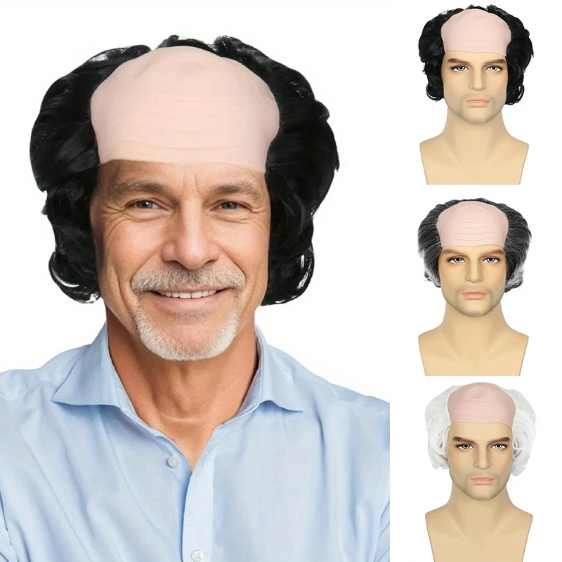 ผมสังเคราะห์ของผู้สูงอายุที่มีผมหัวล้านทั้งสองด้านเหมาะสำหรับปาร์ตี้คอสเพลย์วิกผมคุณปู่ในธีมฮาโลวีน