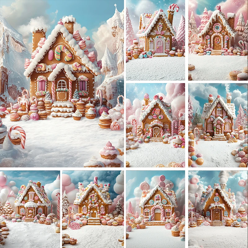 

LS Winter Xmas Gingerbread House Photography Background Kids Family Portrait Backdrop Christmas Tree Candy Decor Props
