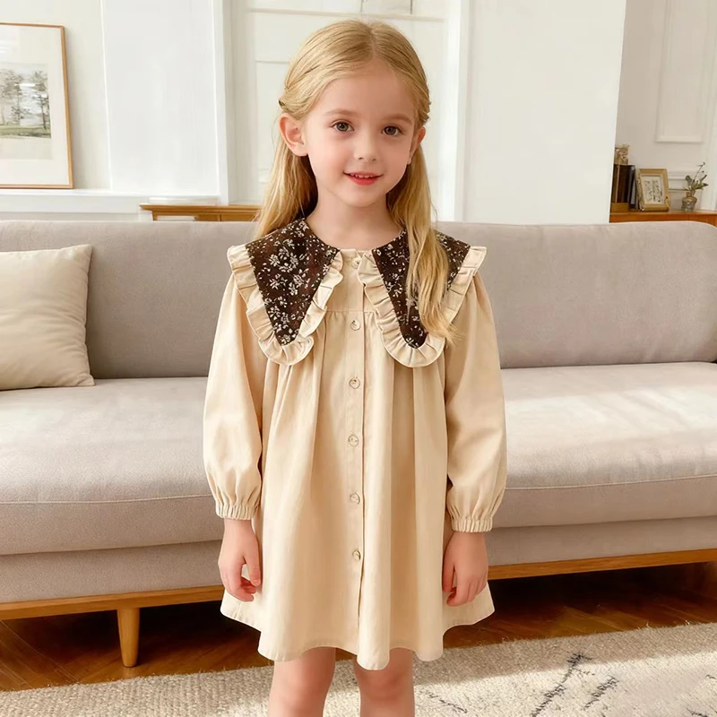 2026 neue 2-6Yrs Baby Mädchen Retro Revers Kleid Kinder Frühling Lange ärmeln Prinzessin Kleider Baumwolle Geburtstag Hochzeit Party Süße kleid