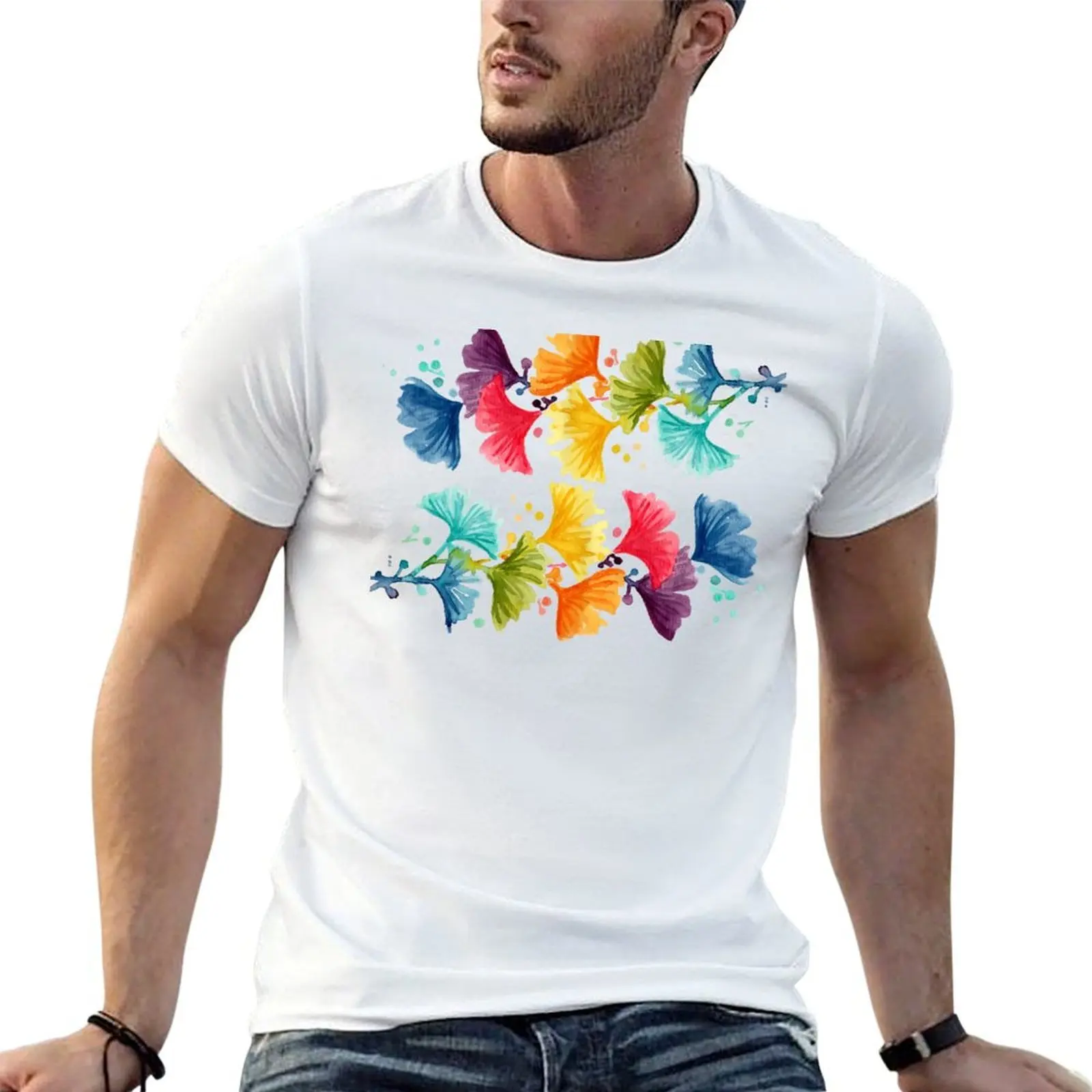 rainbow watercolor ginkgo leaves T-Shirt Funny t-shirts topping men workout shirt