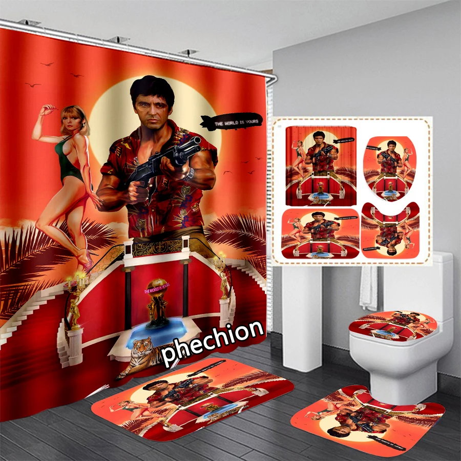 phechion Scarface 3D Print Waterproof Bathroom Shower Curtain Toilet Cover Mat Non-Slip Floor Mat (1/3/4Pcs) W67