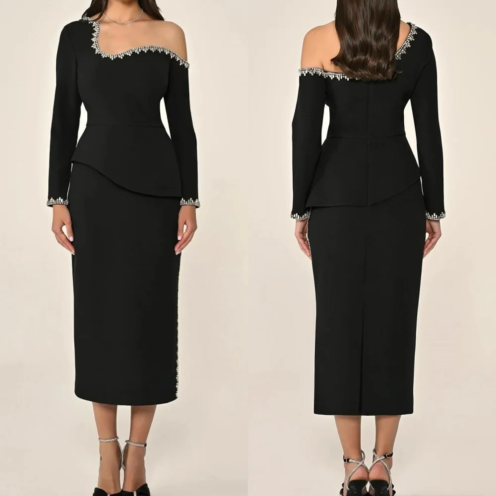 

Customized Modern Style High Quality Jersey Rhinestone Draped Straight One-shoulder Tea Length Dresses Bespoke Occasion Dresses