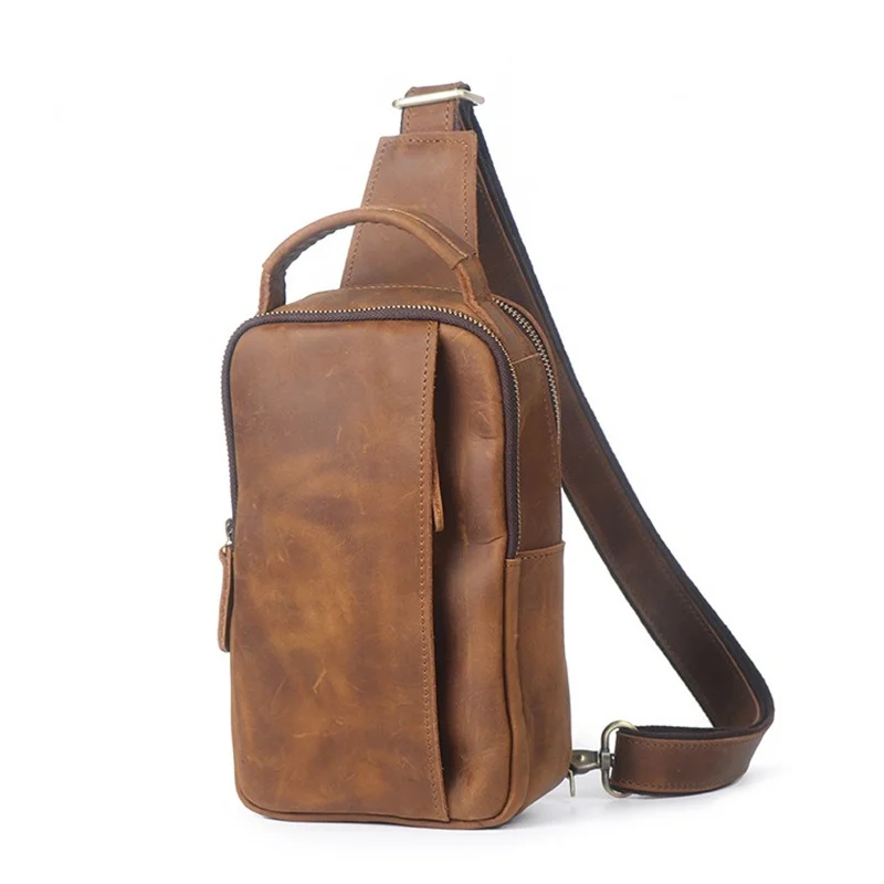 Nesitu Highend Vintage Brown Thick Crazy Horse Genuine Leather Women Men Chest Bag Outdoor Messenger Bag N075