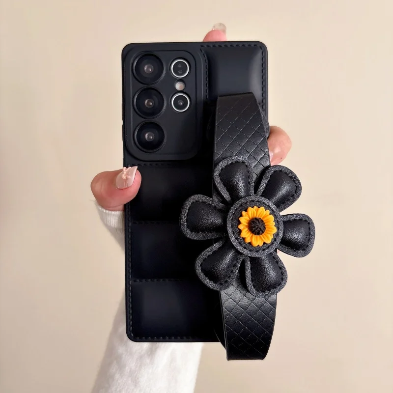 

Luxury 3D flower Down jacket bracket phone case For Samsung S25 Ultra S24 S21 S22 S23 Plus S26 fashion Soft silicone Cover