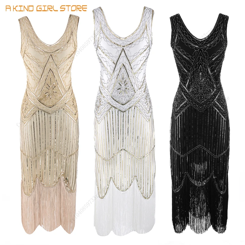 Women's 1920s Vintage Sequin Full Fringed Deco Inspired Flapper Dress Roaring 20s Great Gatsby Fall Cloths Dress Vestidos