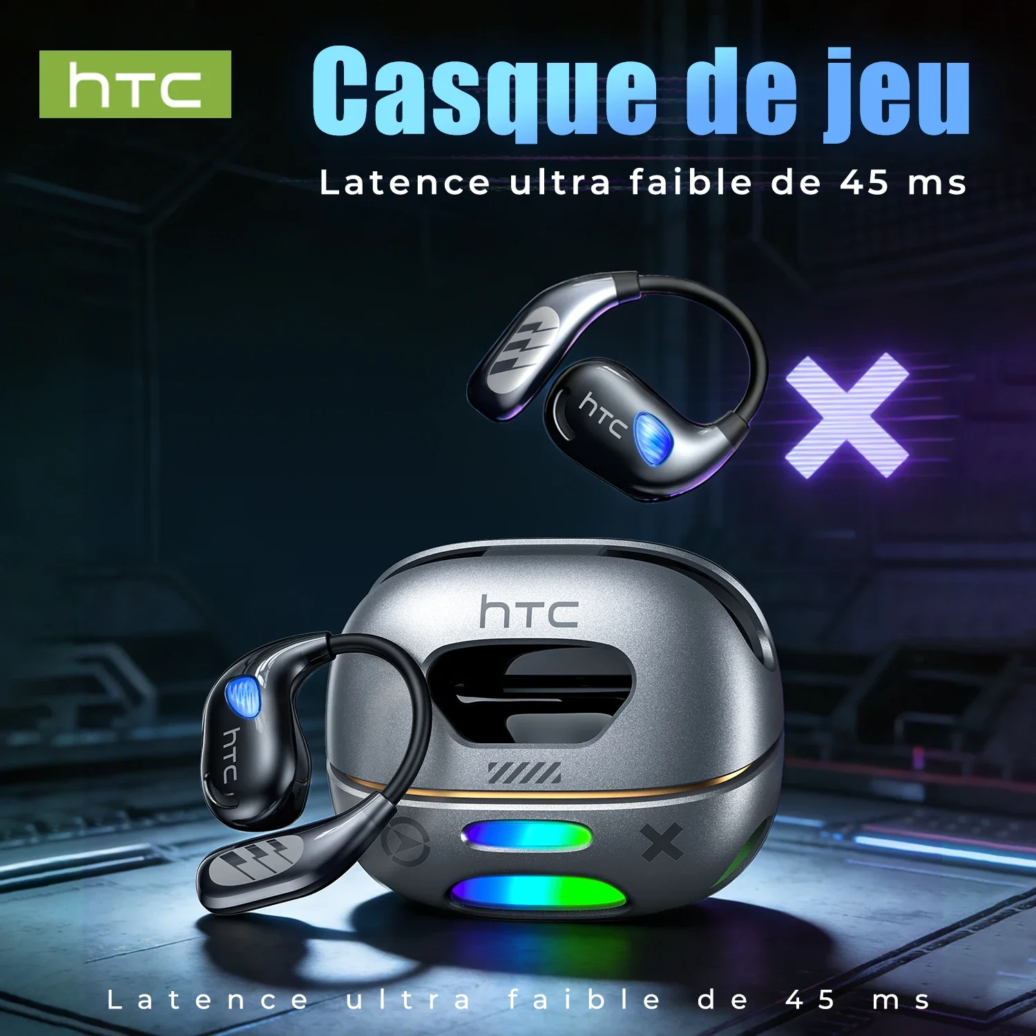 Image of HTC NE69 KI-Übersetzer Kabellose Kopfhörer Gaming Stereo Audio Optimierte Ohrhörer Bluetooth 6.0 Geringe Latenz RGB Ladecase