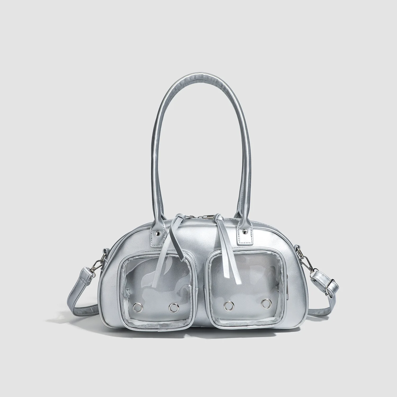 

Fashion Solid Bows Pillow Handbags Pu Leather Patch Transparent Pockets Shoulder Bag Large Capacity Female Casual Crossbody Pack