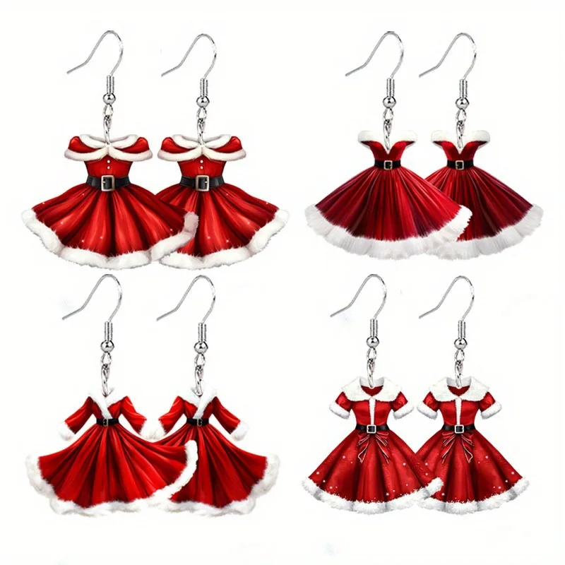 Red Velvet Dress Pendant Earrings for Women Fashion Creative Christmas Gifts Acrylic Drop Hook Earrings Party Jewelry Gifts