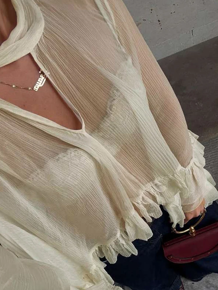 

Sisterlinda сексуальный сетчатый укороченный топ женский нерегулярный кружевной многоуровневый расклешенный рукав лента шарф воротник элегантные футболки для дикой уличной клубной одежды