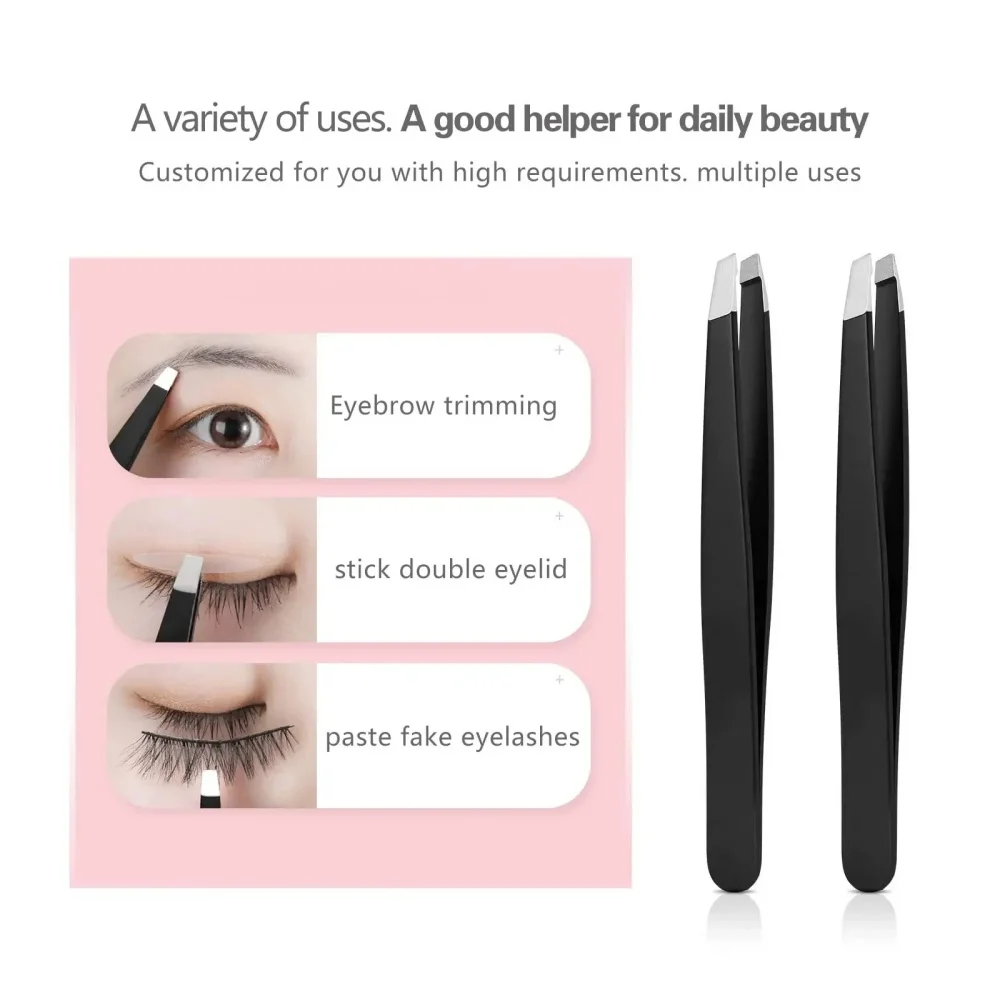 Stainless Steel Black Eyebrow Tweezer Eyebrow Hair Removal Splinter Tweezers Set with Slant and Flat Point for Eyelash Tweezer