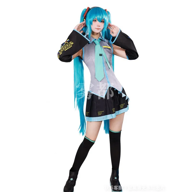 Miku-conjunto completo de Cosplay, traje de tela de cuero plateado, ropa para la cabeza, JK, vestido de marinero, uniforme de escuela secundaria, Hallo