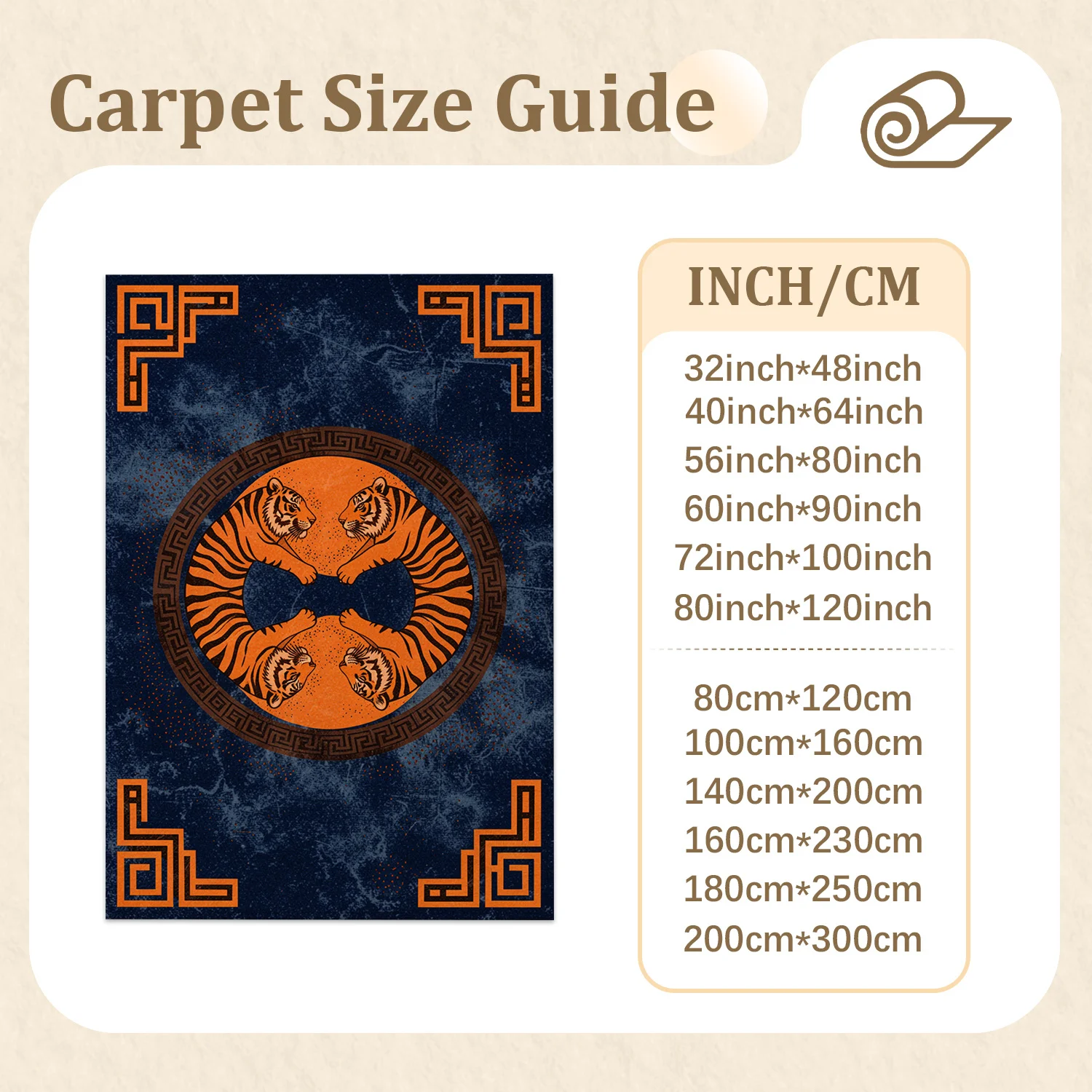 Tiger Circular Greek Key Pattern Area Rug Velvet Machine Washable Soft Plush Floor Covering for Living Room Bedroom Entryway Dining Room Halloween Thanksgiving Christmas Black Friday New Year Decor