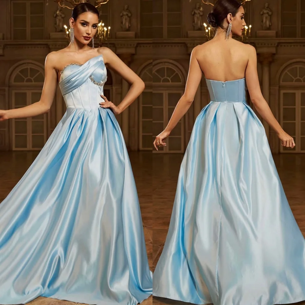 

Customized High Quality Elegant Charmeuse Rhinestone Pleat A-line Strapless Long Dresses Bespoke Occasion Dresses Modern Style