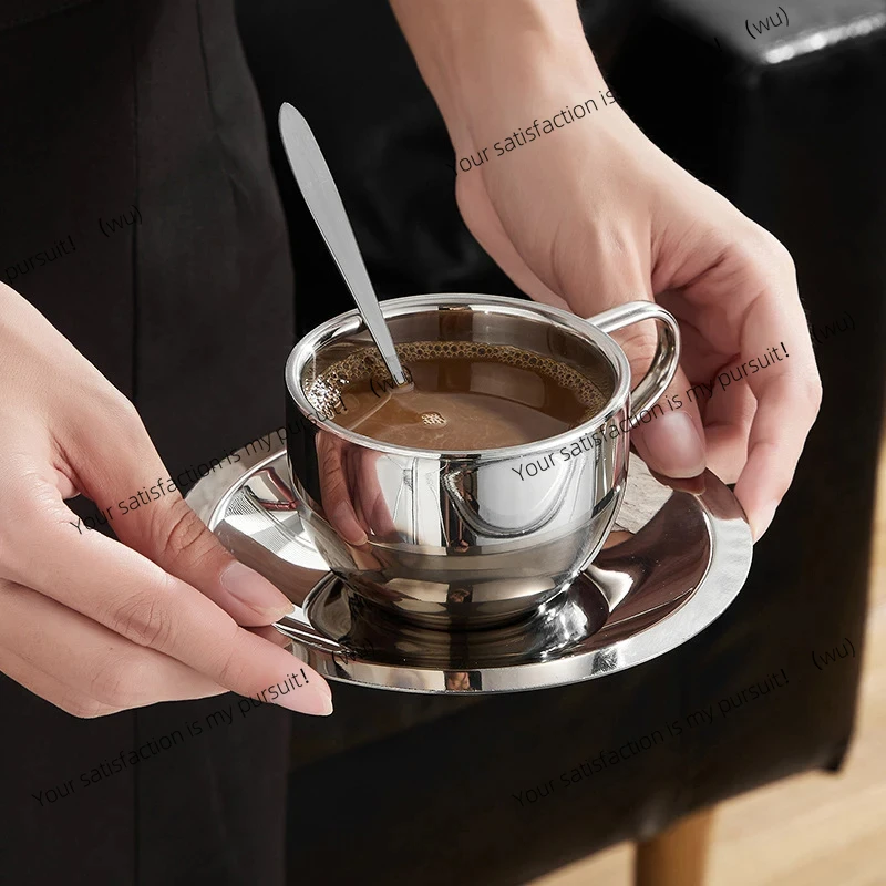 Elegant coffee cup with spoon and saucer 304 stainless steel, milk cup Afternoon tea Camping cafeteria