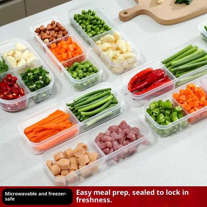 2Pcs Refrigerator Storage Box Packed Meal Crisper Food Grade Plastic Sealed Food Meat 2/3-Compartment Refrigerated Storage