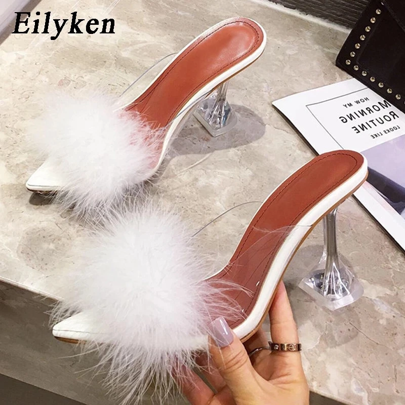 Eilyken Feather Fur PVC Transparent High Heels Woman Slippers Pointed Toe Mules Lady Pumps Slides Stripper White Shoes