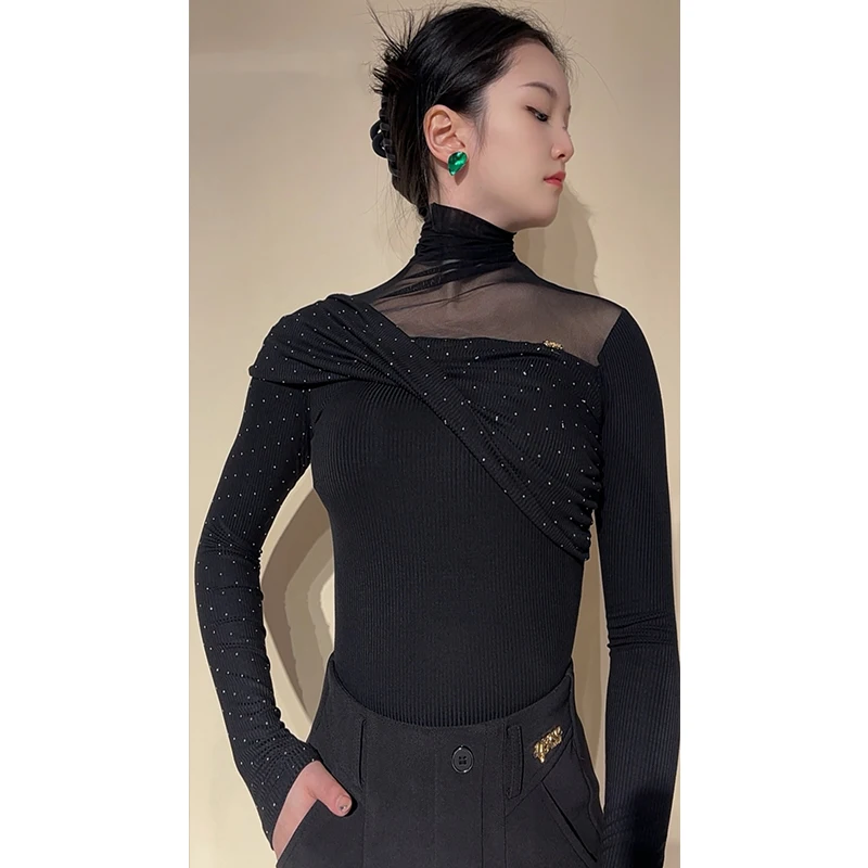 2025 Latin Ballroom Dance Tops Women High Collar Long Sleeves Leotards Adult Rumba Waltz Dance Clothes Club Dancewear BL15766