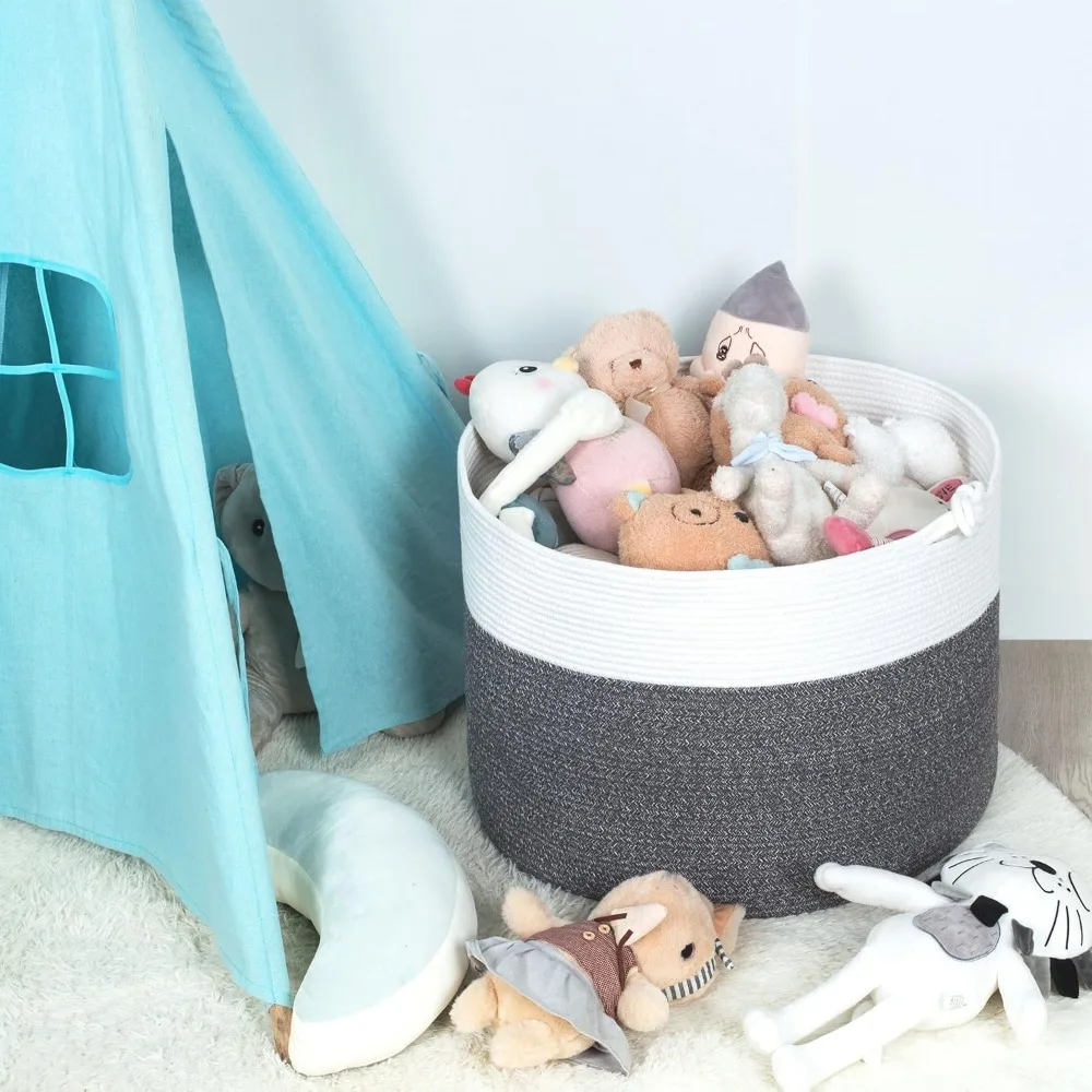 سلة كبيرة من الحبال القطنية المزخرفة لتخزين غرفة المعيشة مع مقابض واستخدام الغسيل