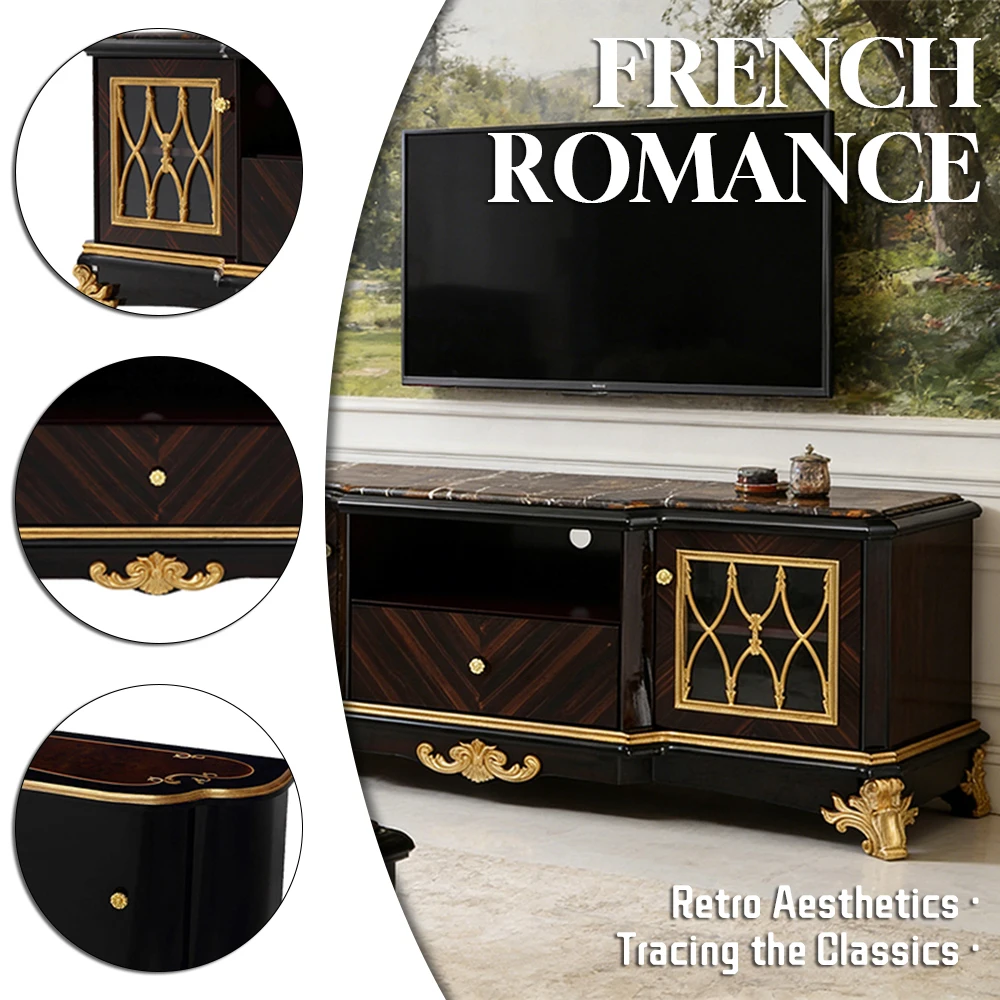 !@Romantic French Style Luxury Living Room TV Stand Custom Made Villa Hotel Ebony Solid Wood Marble Handmade Eco-Friendly Storag