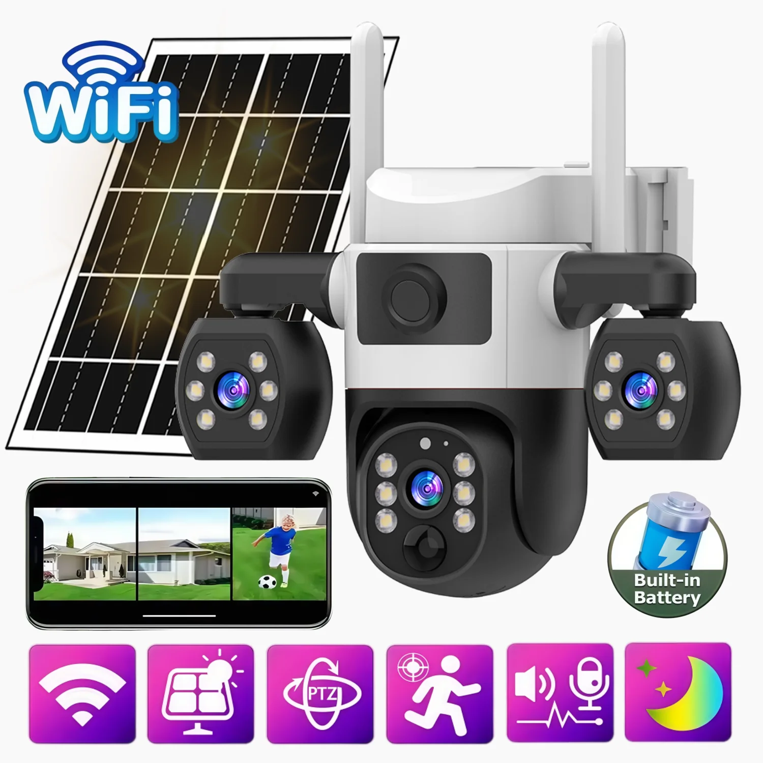 

Уличная Wi-Fi камера на солнечной батарее с тремя объективами, 15 МП, 8K HD, низкое энергопотребление, IP-камера с PIR-датчиком ночного видения V380 Pro для видеонаблюдения и безопасности