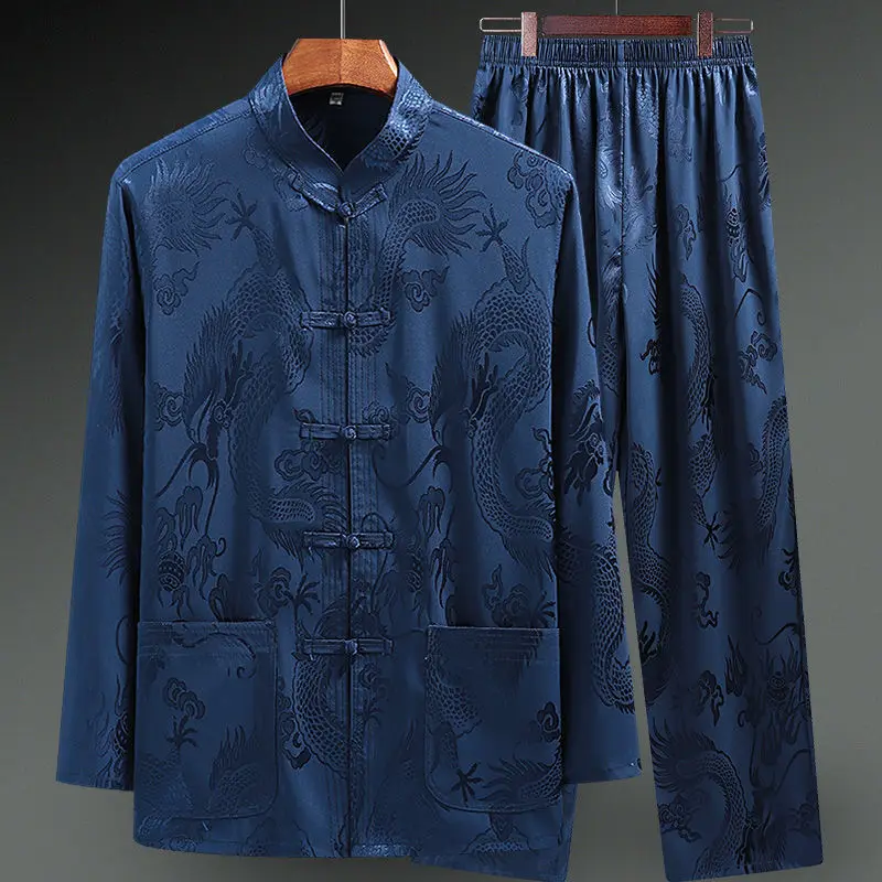 Men Silk Satin Shirt Chinese Traditional Tang Suit Smooth Men Dragon Print Shirt Business Chemise Homme Casual Kong Fu Shirts