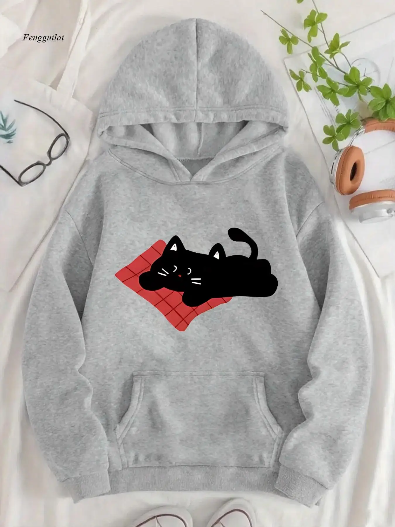 

Милый принт черного кота | Повседневная толстовка с капюшоном, карманом и геометрическим узором, плюшевая подкладка