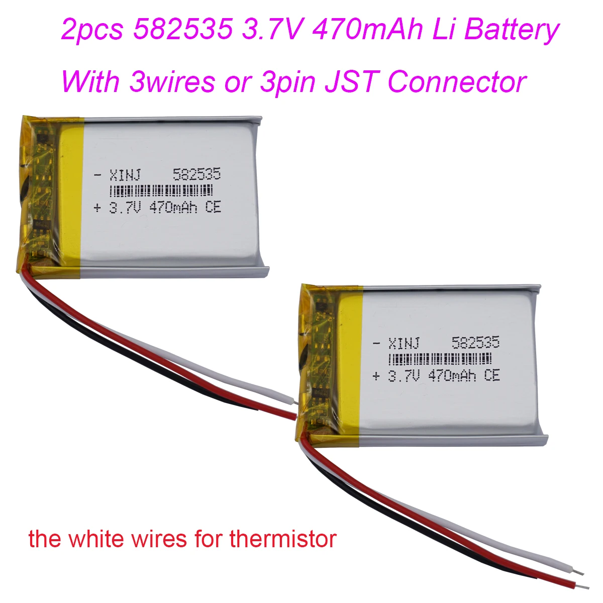 2pcs 3.7V 470mAh 1.73Wh Rechargeable Lipo Battery 582535 NTC 3 Wires JST 3Pin 1.0/1.25/1.5/2.0/2.54mm For GPS Bluetooth Speaker