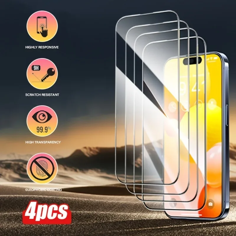 4Pcs Screen Protector For iPhone 16 15 Pro Max 11 12 13 Mini 14 15 16 Plus Tempered Glass For IPhone XR XS Max 7 8Plus Glass